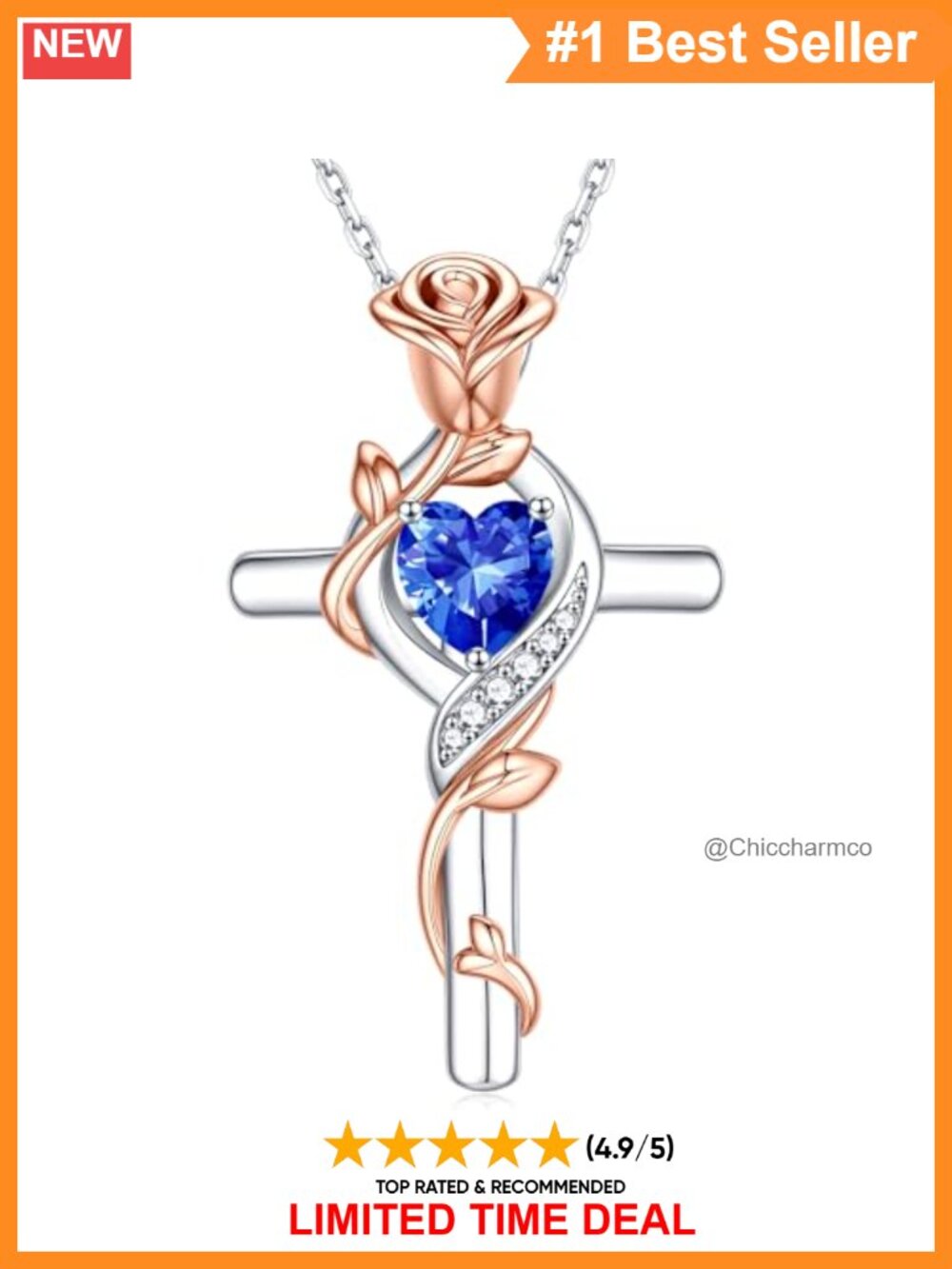 Rose Cross Necklace 925 Sterling Silver Birthstone Pendant